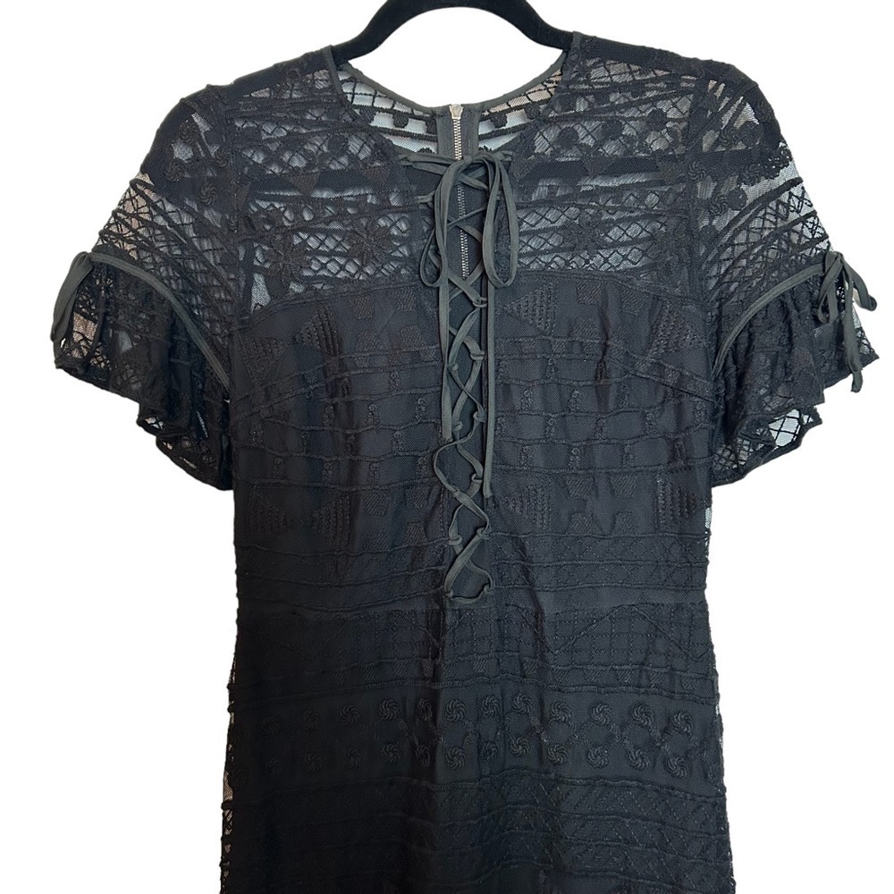 Parker Short Sleeve Lace & Lace Up Front Tiered Ruffled BLACK Lined Midi Dress - Picture 3 of 16